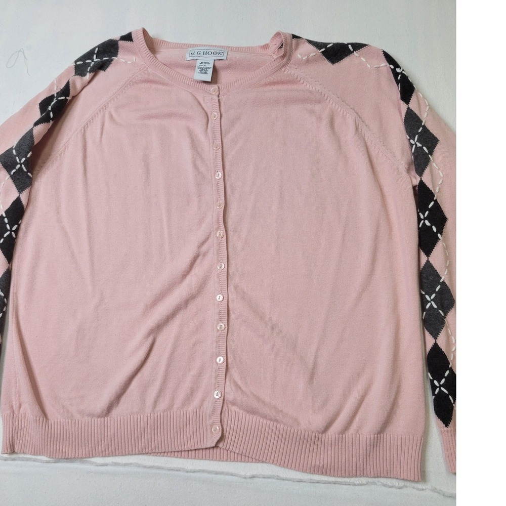 J.G. Hook Pink Argyle Sleeve Cotton Cardigan Sweater XL Preppy Academic Knit